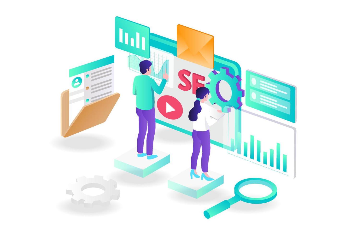 the concept of isometric flat illustration seo optimization and web developer vector