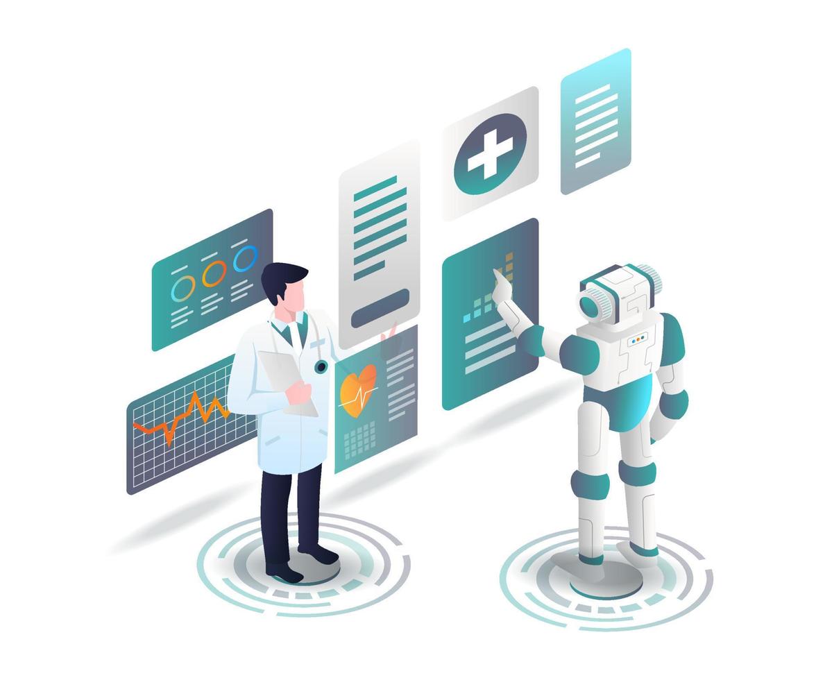 Doctors and robots analyze health data vector