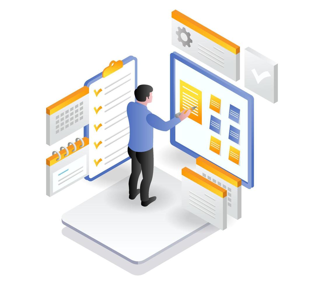 Man is writing on scrum board for schedule plan vector