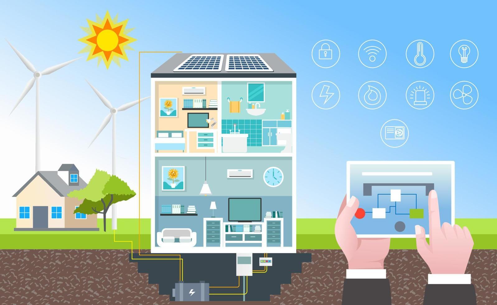 Saving solar panel energy for smart home vector