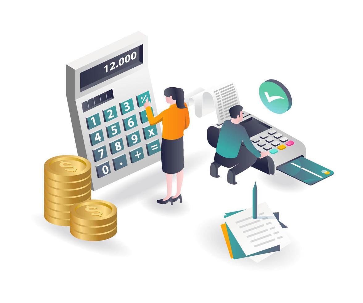 The concept of isometric illustration, two people are calculating payment and collecting notes vector