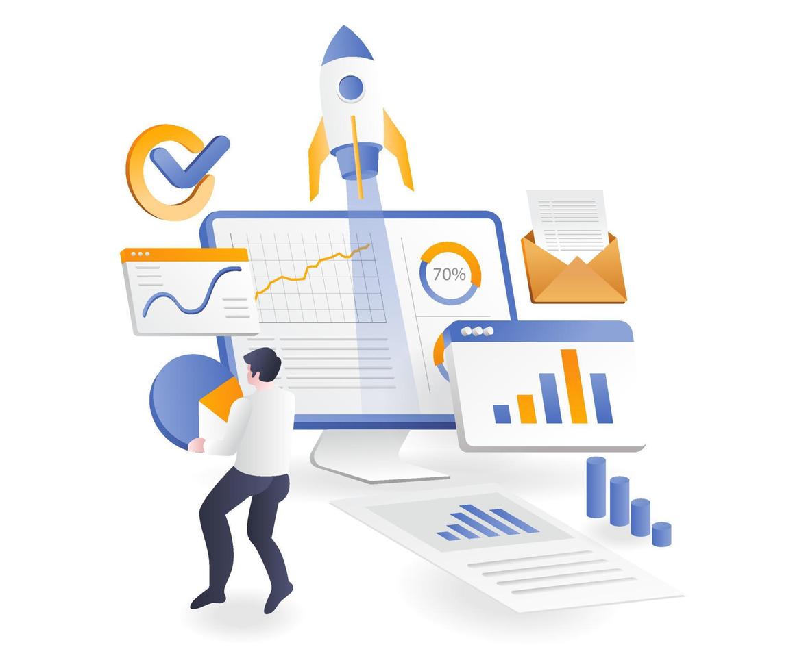 Man with pie chart on investment business computer screen vector