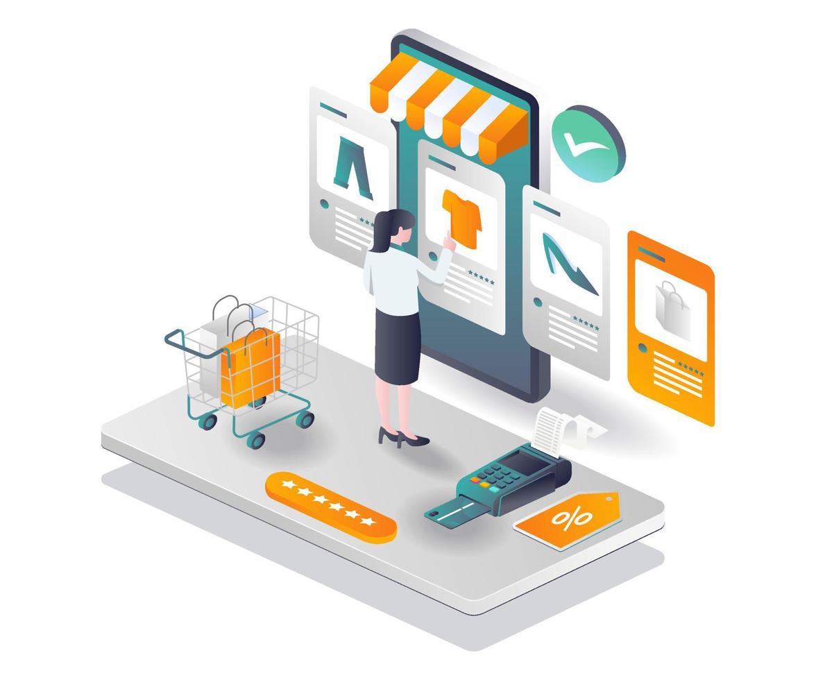 The concept of isometric illustration  a woman is choosing a shopping item in the app vector