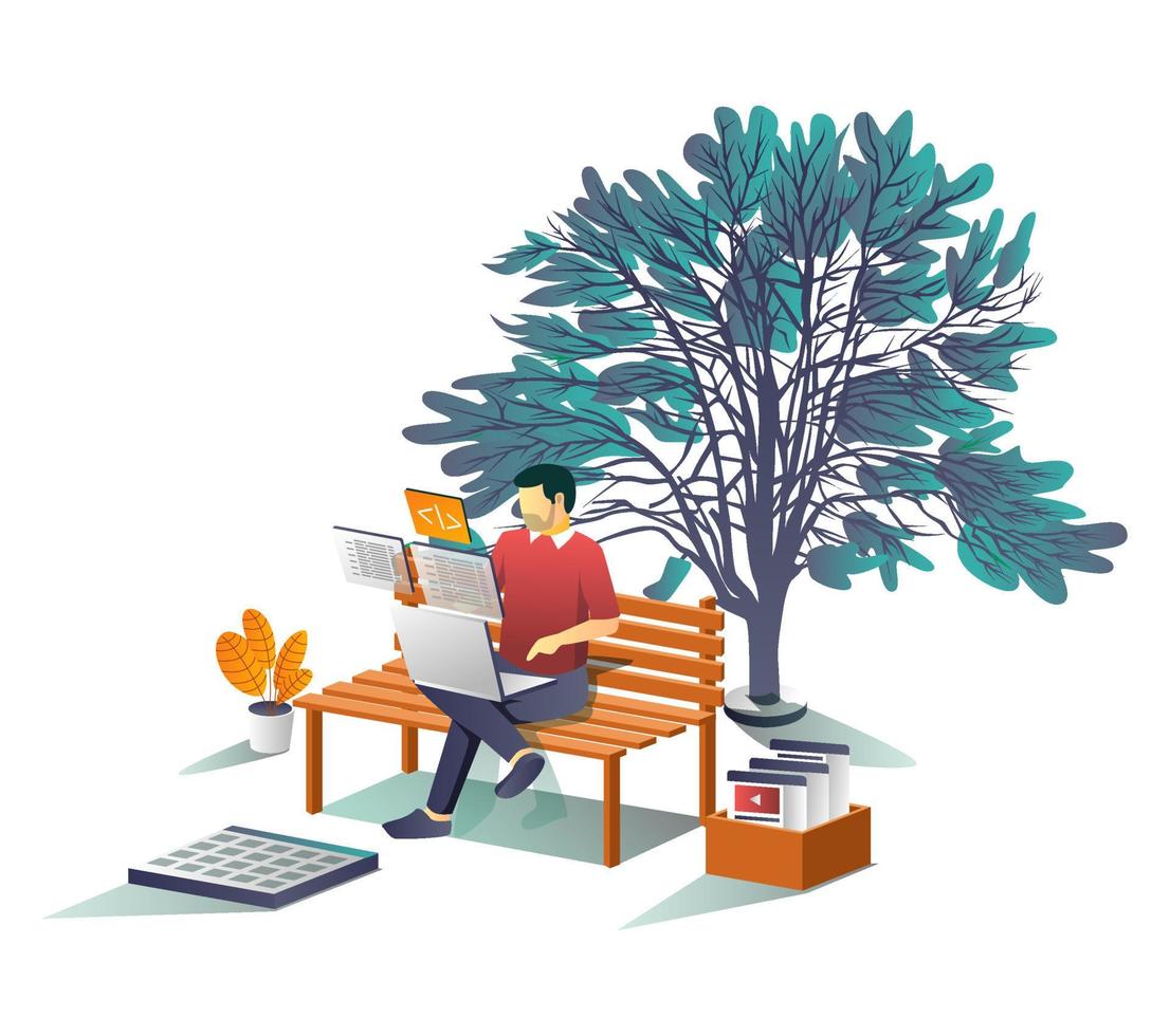 Man working with laptop under tree vector