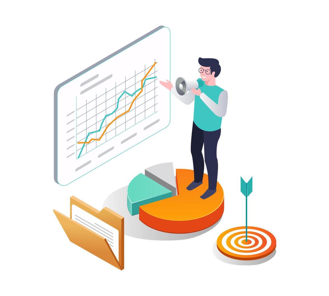 A leader points to a successful investment analysis bar vector