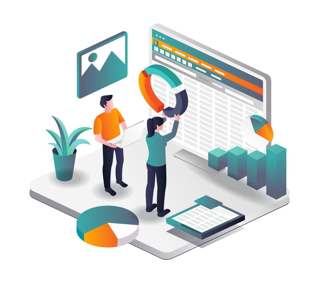 compilar gráficos circulares en Excel en ilustración isométrica vector