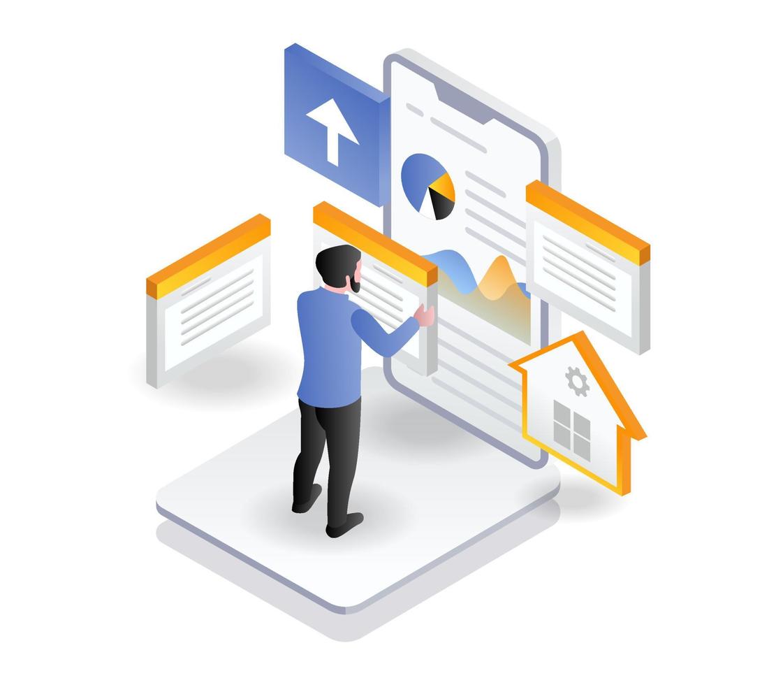 Men selecting and analyzing data vector