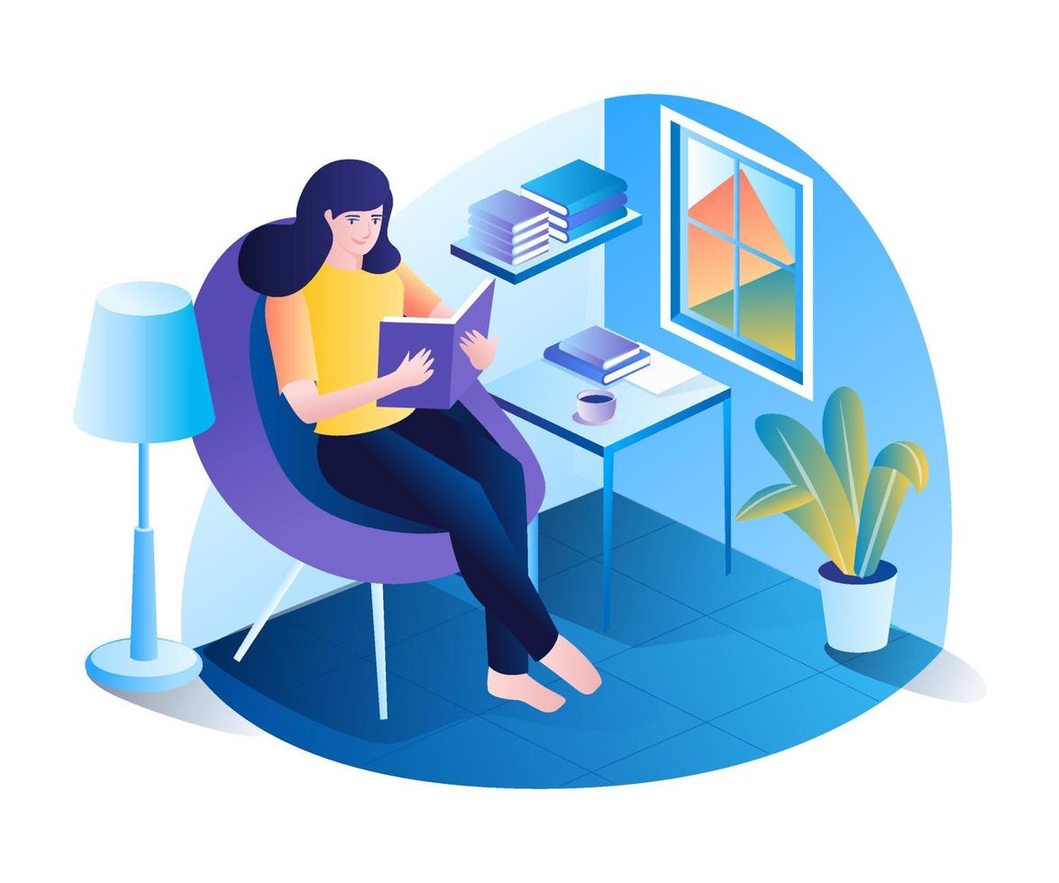 Woman reading a book in the room vector