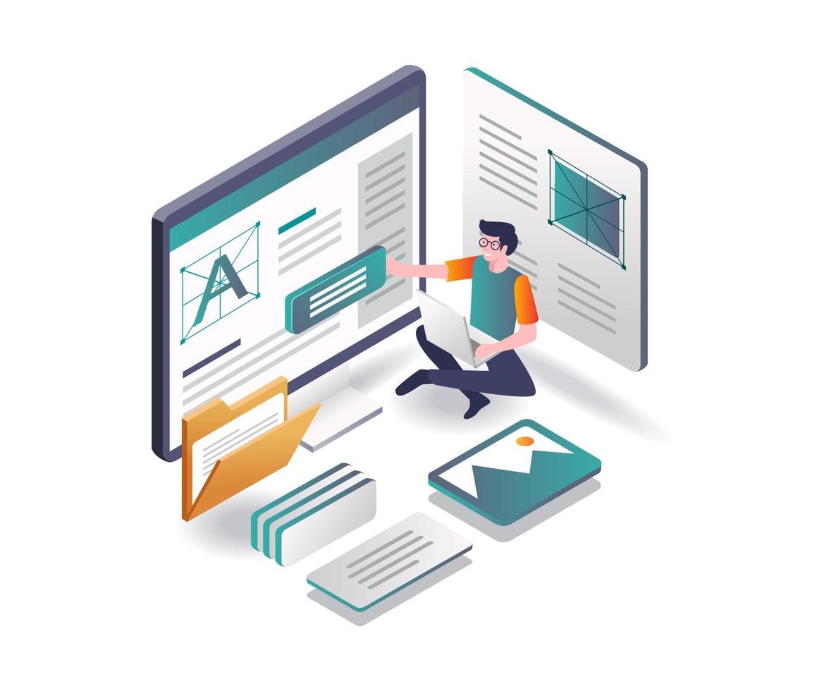 The man is layout the blog display in isometric design vector