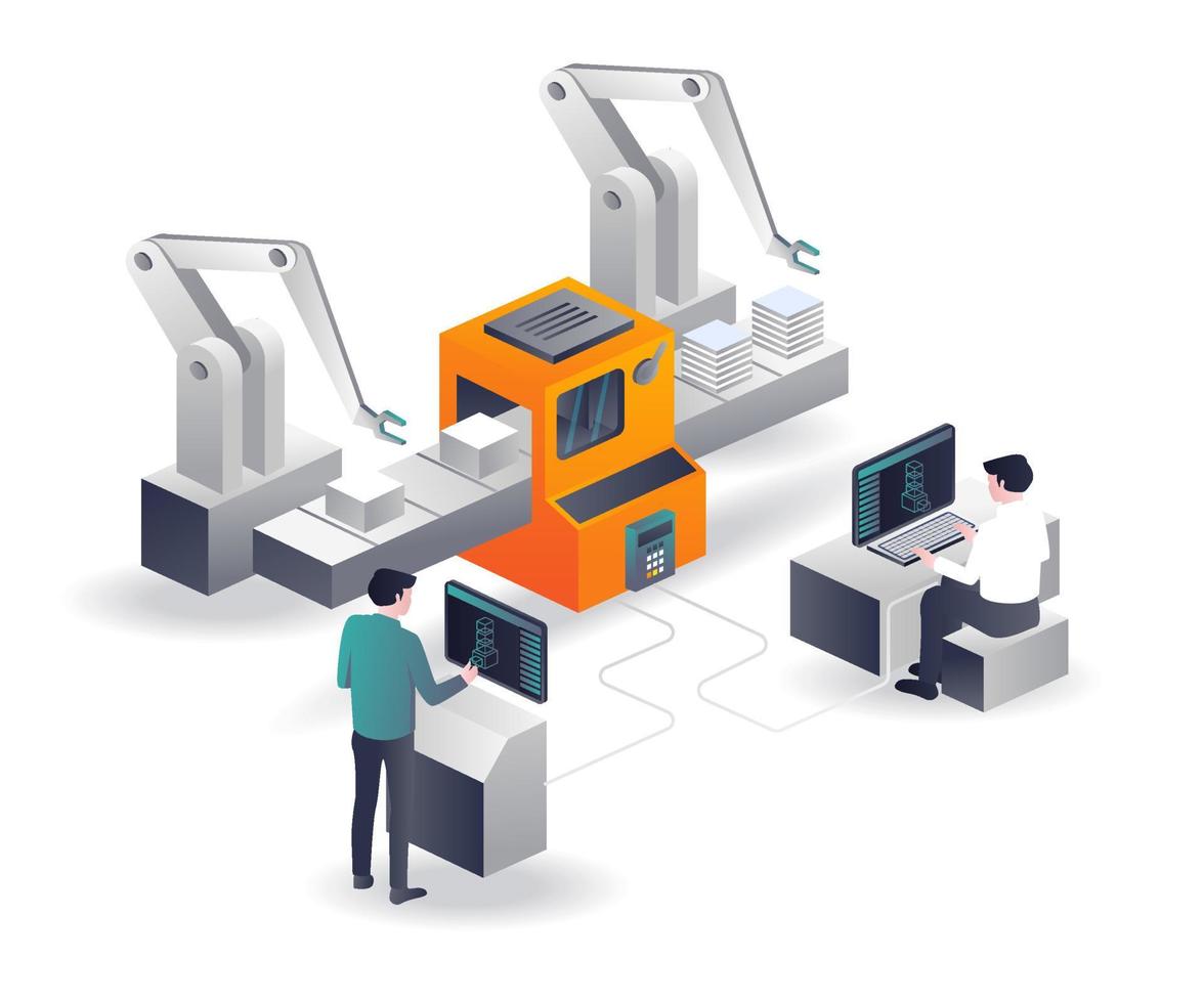 3d cnc machine operator in isometric design vector