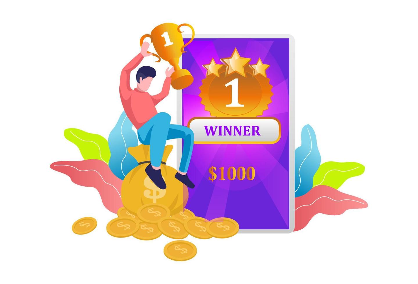 The winner is lifting the trophy and earning money vector