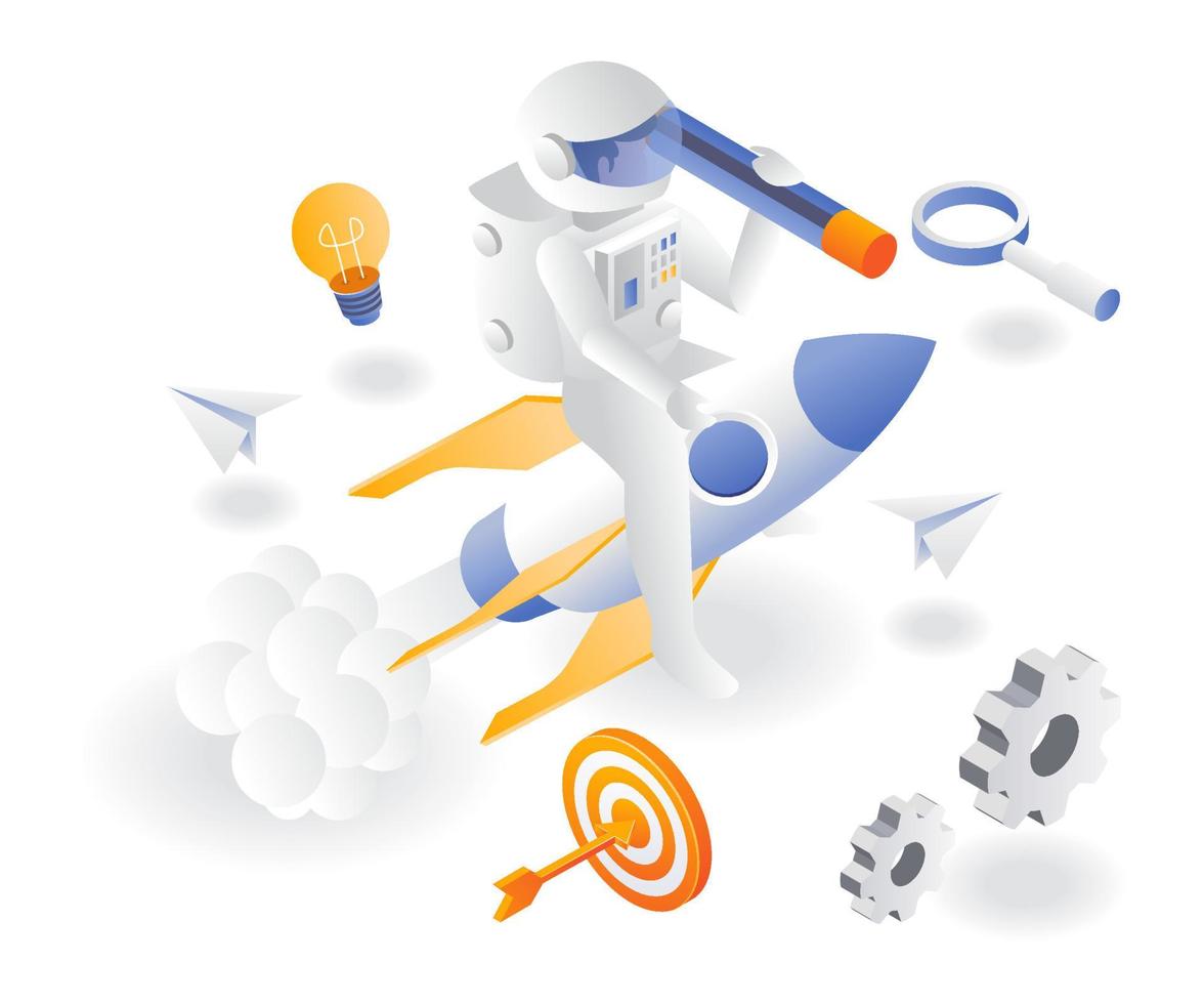 Astronaut flying with rocket with pencil vector
