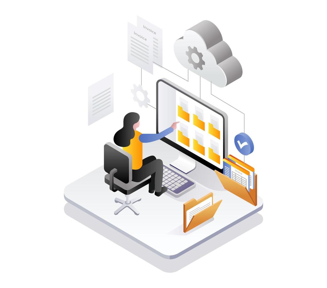Woman is selecting a folder in big data vector