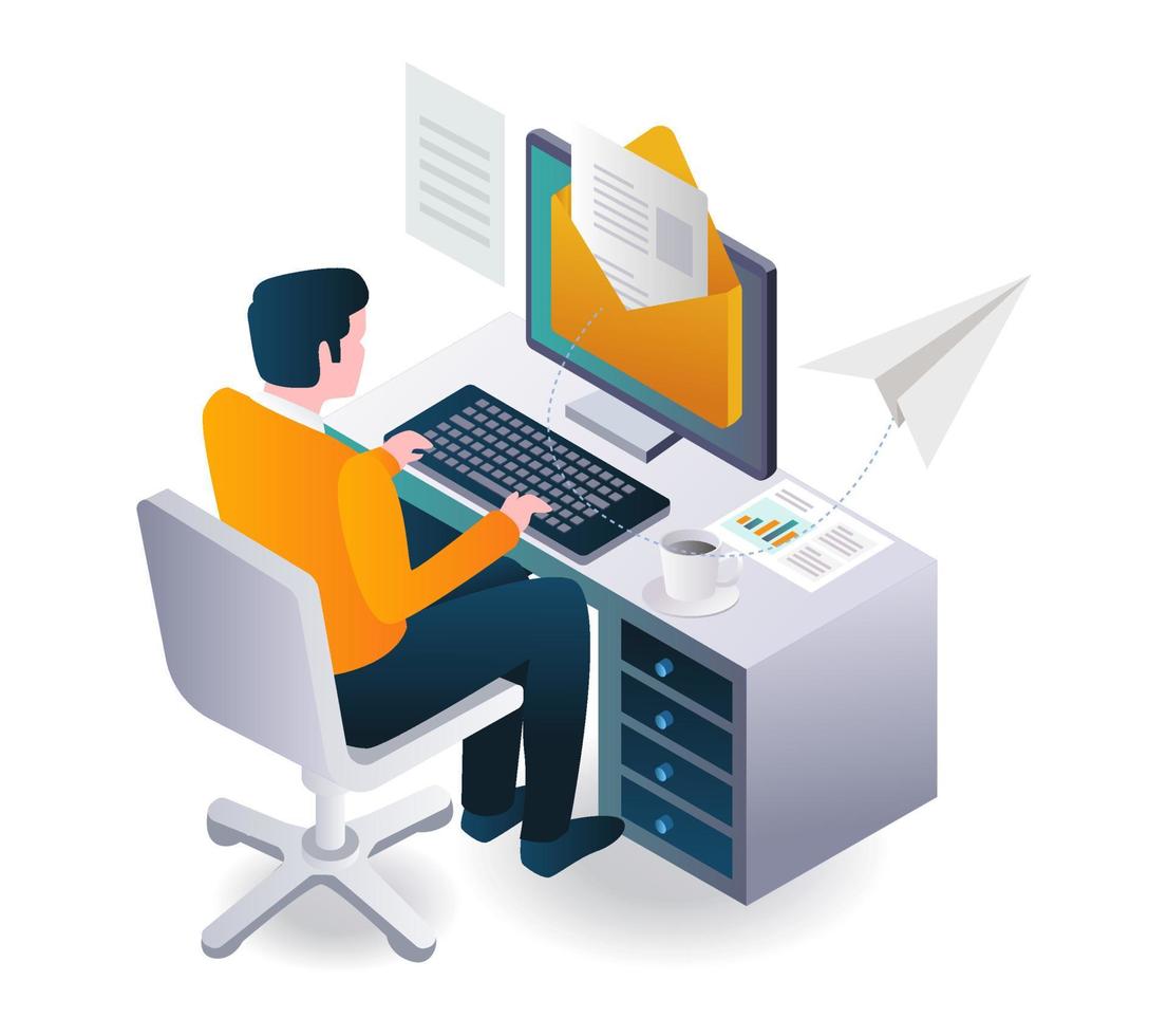 Man is sending email safely and work in desk vector