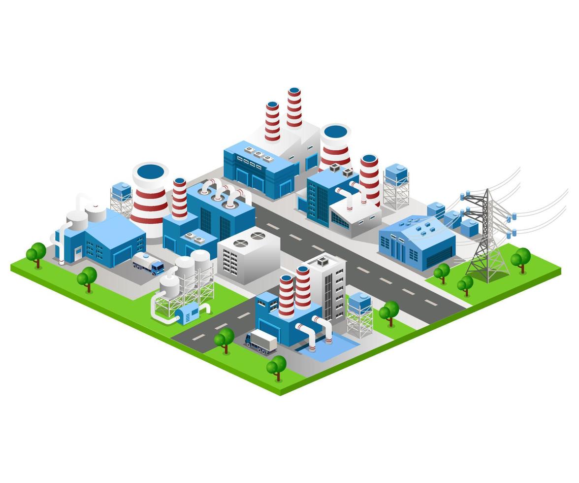 ilustración vectorial isométrica plana, vista industrial ortogonal de generación de energía y fábrica vector