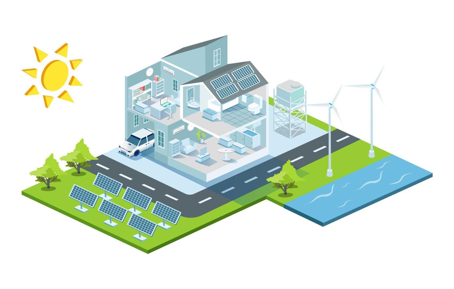 Saving solar panel energy for smart home vector