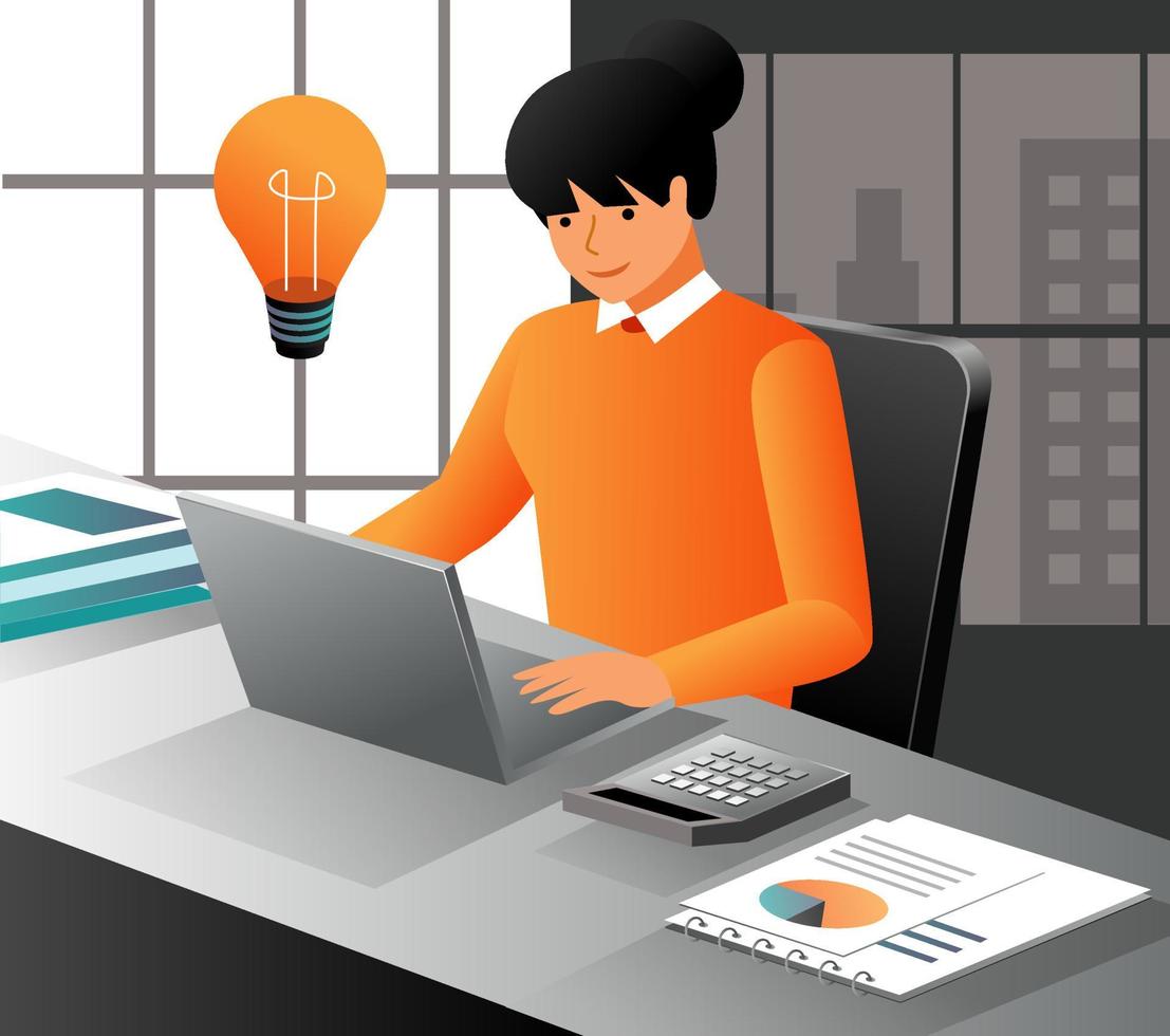 Girl working at computer and getting ideas vector