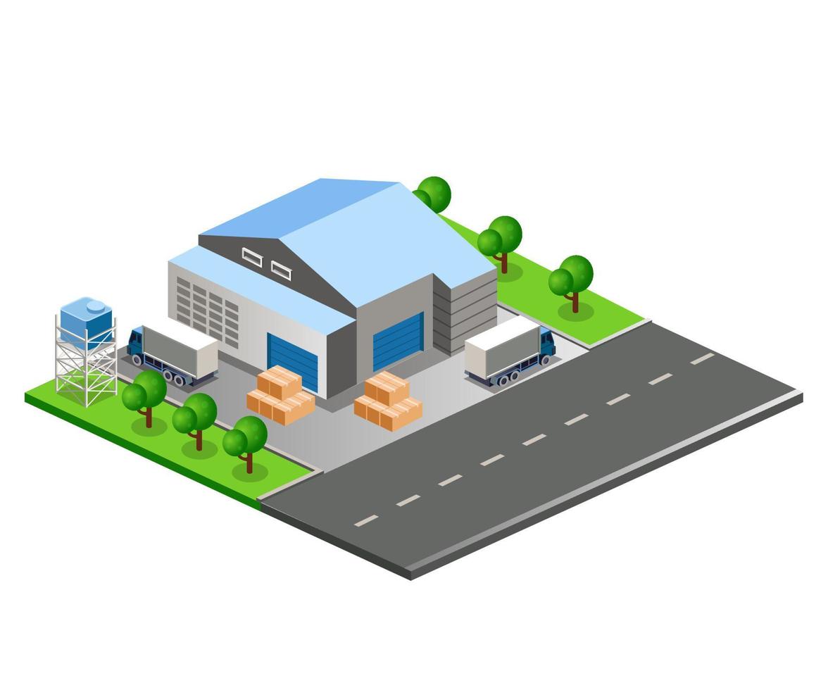 Flat isometric vector illustration, Warehouse building on city street