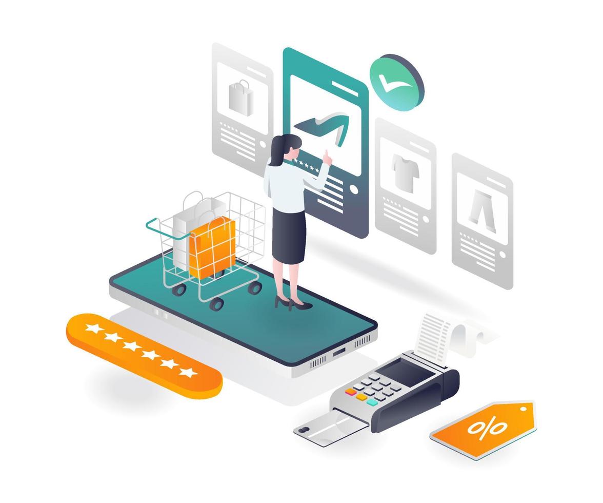 The concept of isometric illustration  a woman is choosing a shopping item in the app vector