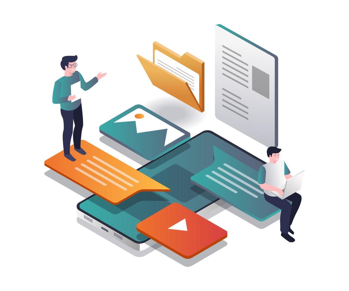 Two men having a conversation on smartphone vector