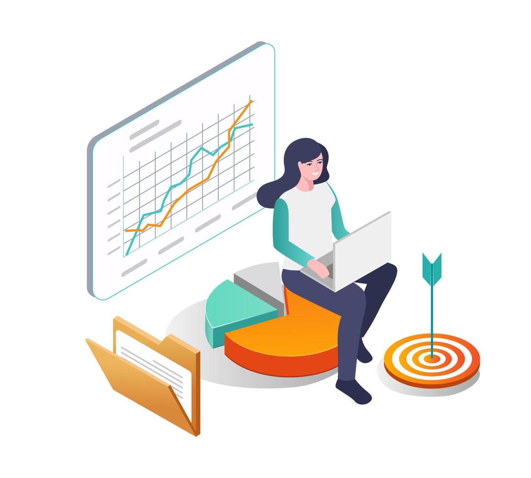 A woman sitting on a pie graph with analyst data vector