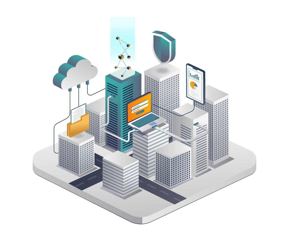 ciudad inteligente con servidor en la nube y seguridad de datos de teléfonos inteligentes vector