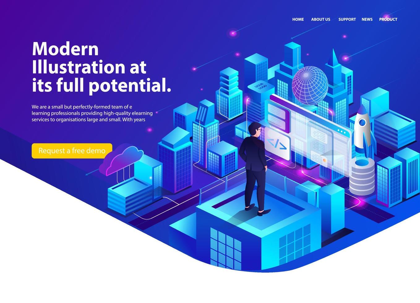 Man looking at city buildings with cloud server analysis vector