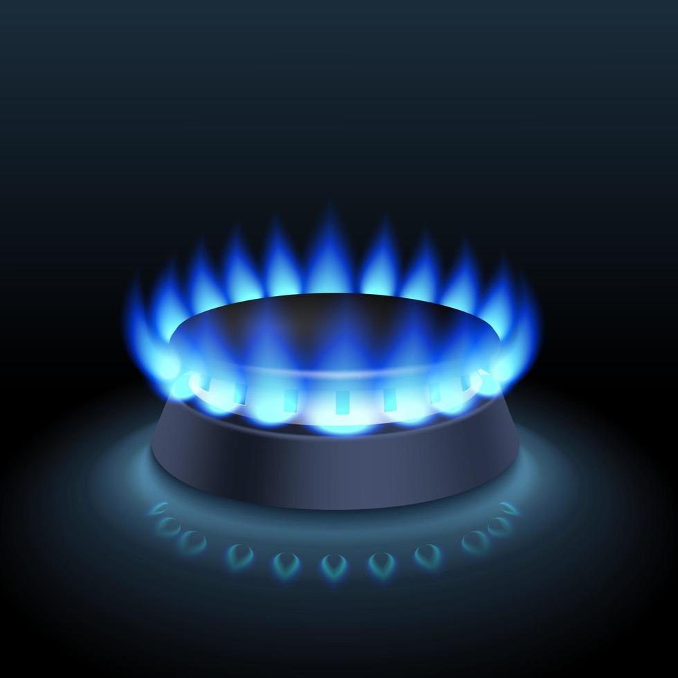 Natural clean gas, blue fuel. Flame from the burner on a dark background. Side view. 3d realistic vector. vector