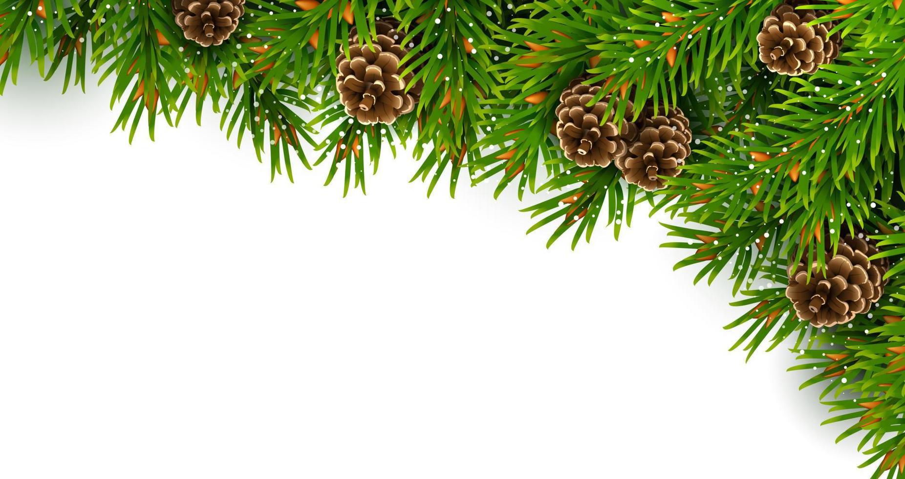 Corner frame of evergreen spruce branches, pine cones and snowflakes. For Christmas decorations and greeting card designs. Isolated on a white background. Realistic vector illustration.