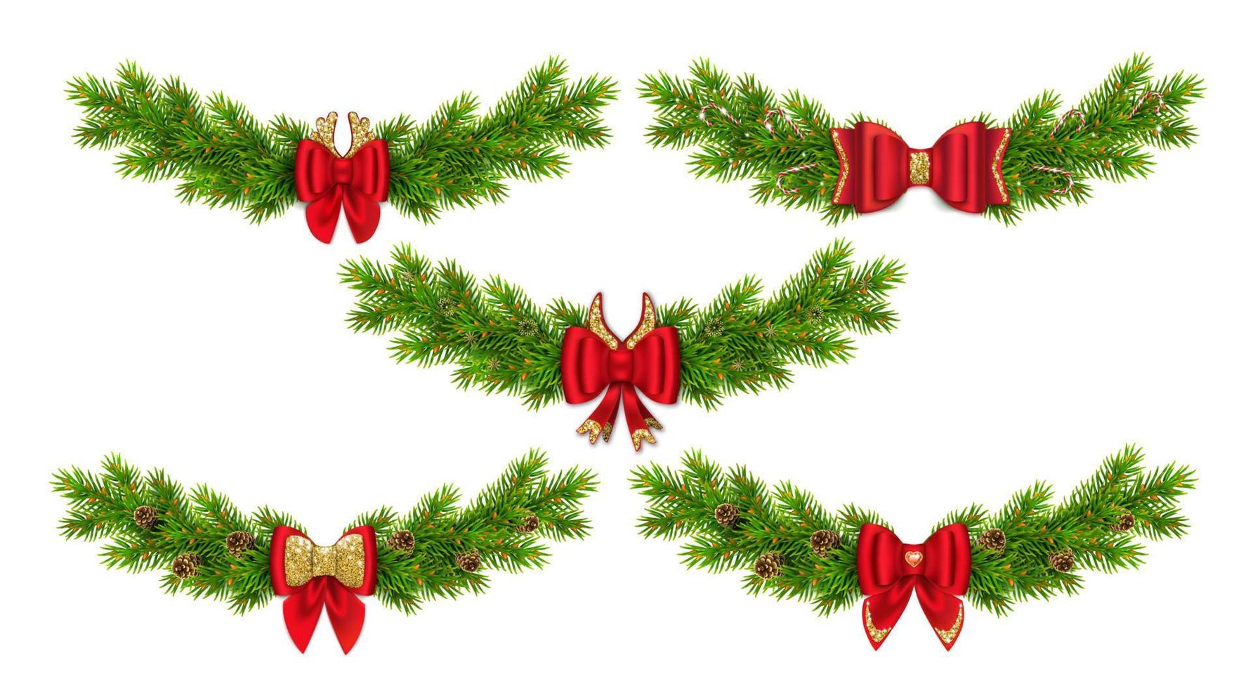 Set of Christmas wreath from fir branches. Christmas garland. With a red bow, pine cones, snowflakes and candy cane. 3D realistic illustration. Isolated on a white background. Vector. vector