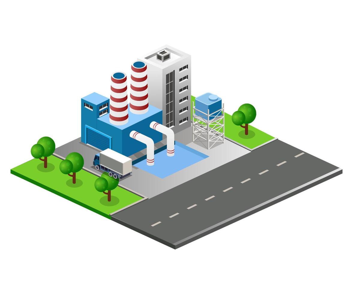 ilustración vectorial isométrica plana, edificio de la fábrica en la calle de la ciudad vector