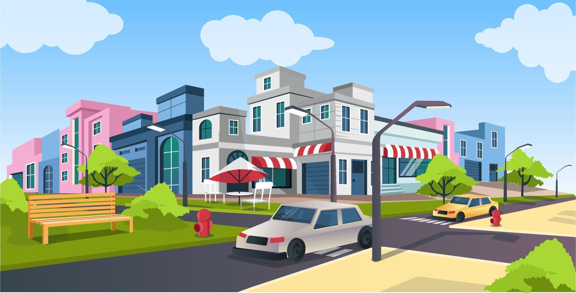 Flat isometric vector illustration, road and car, city street with Park bench landscape