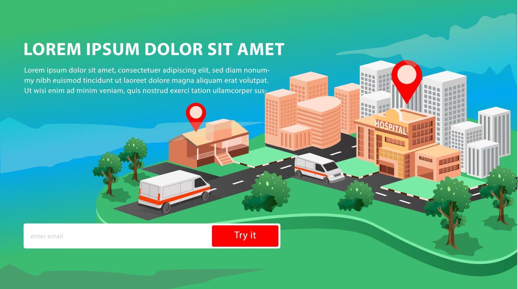 hospital location and 2 ambulance cars isometric illustration vector