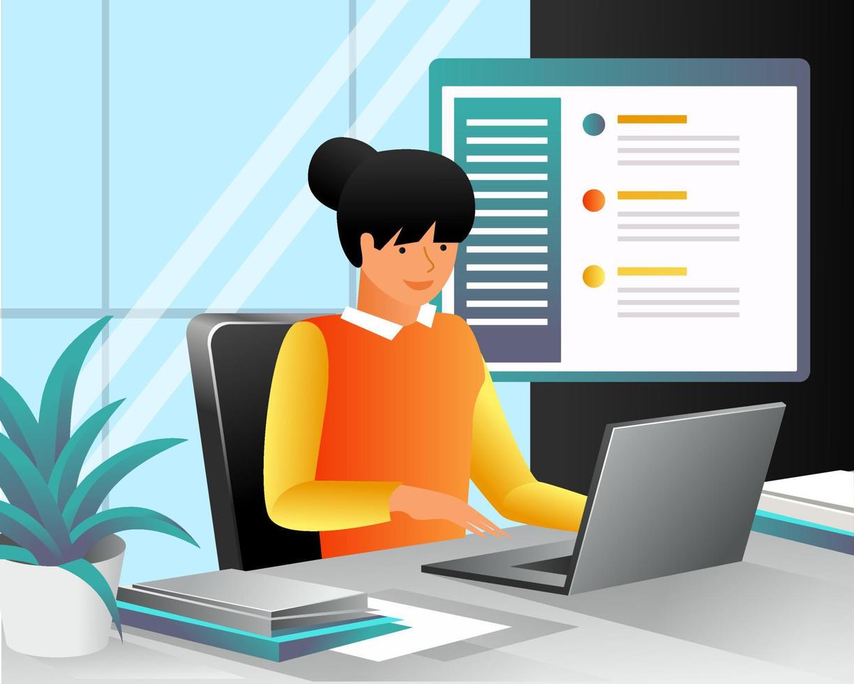 Girl working in office with laptop with files vector