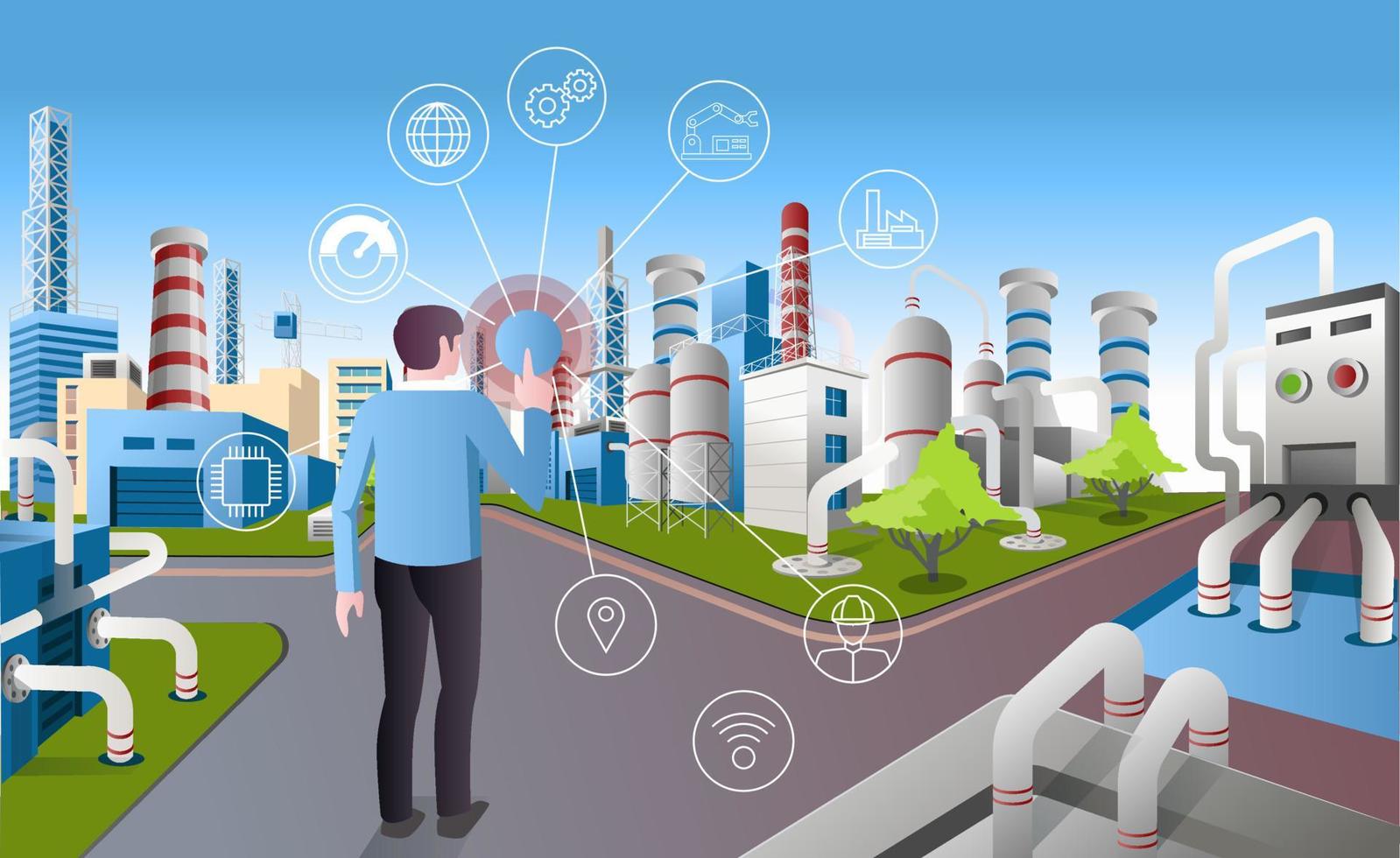 Flat isometric vector illustration, Man controlling factory with iot