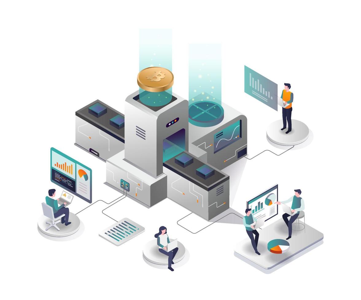 The machine creates bitcoin in isometric design vector