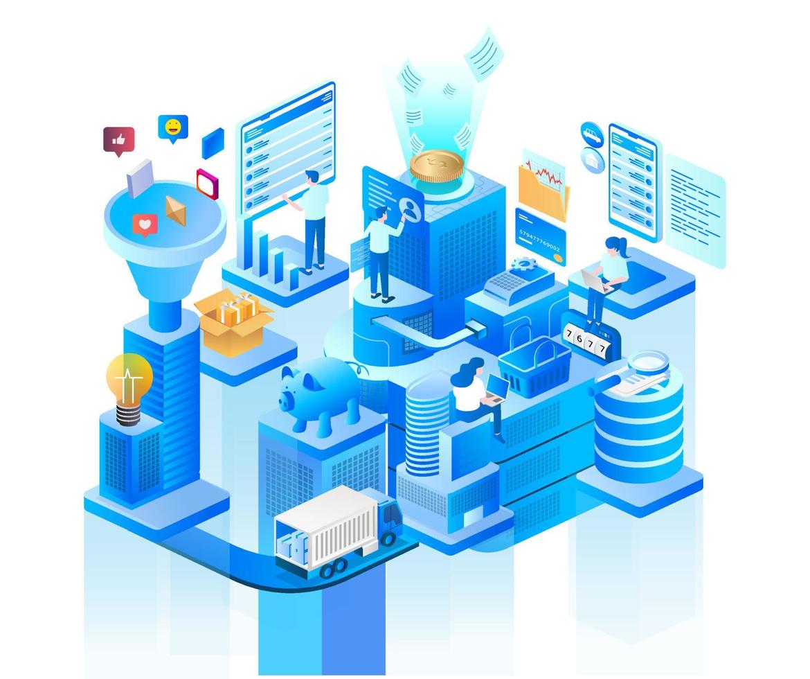 E Commerce process steps in isometric illustration vector