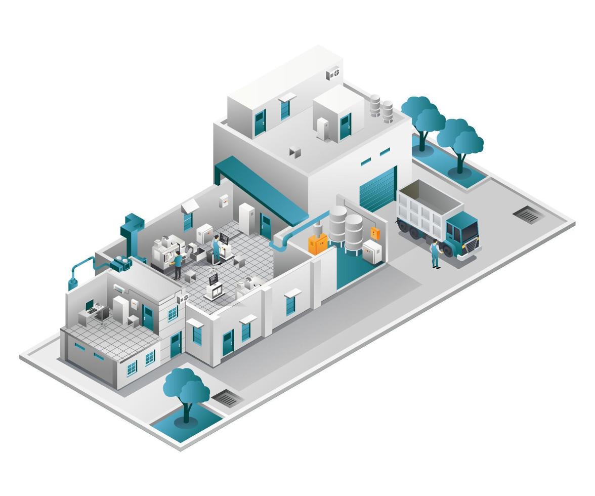 Fábrica industrial con sala de ordenadores y máquina cnc. vector