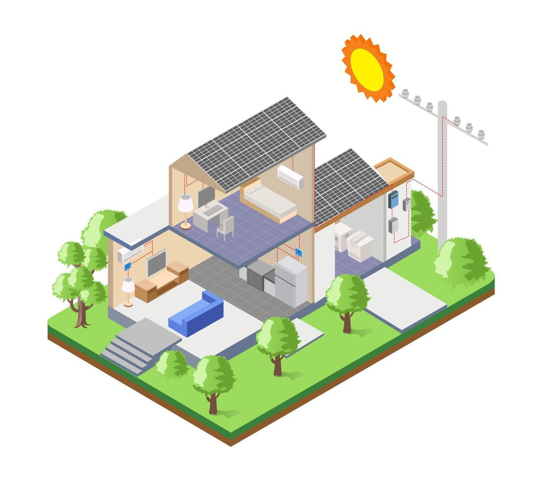 Paneles solares en el techo de la casa con postes eléctricos. vector