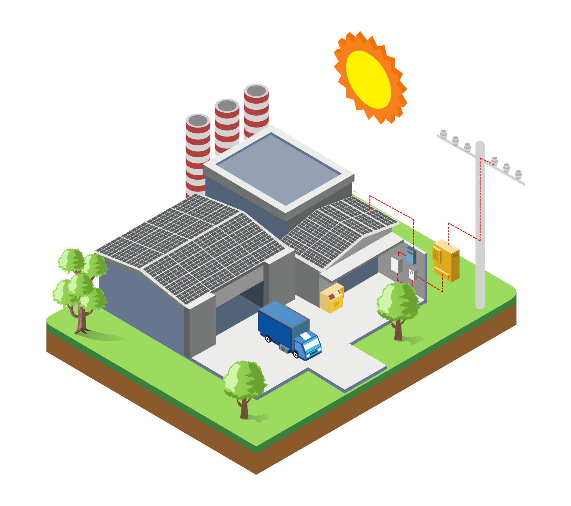 Solar panels on the factory roof with electric poles 4579133 Vector Art