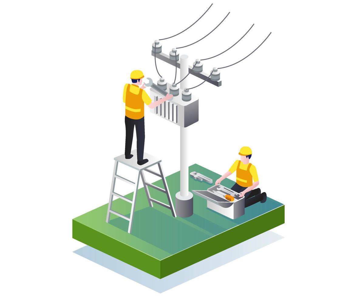 técnico eléctrico está reparando en ilustración isométrica vector