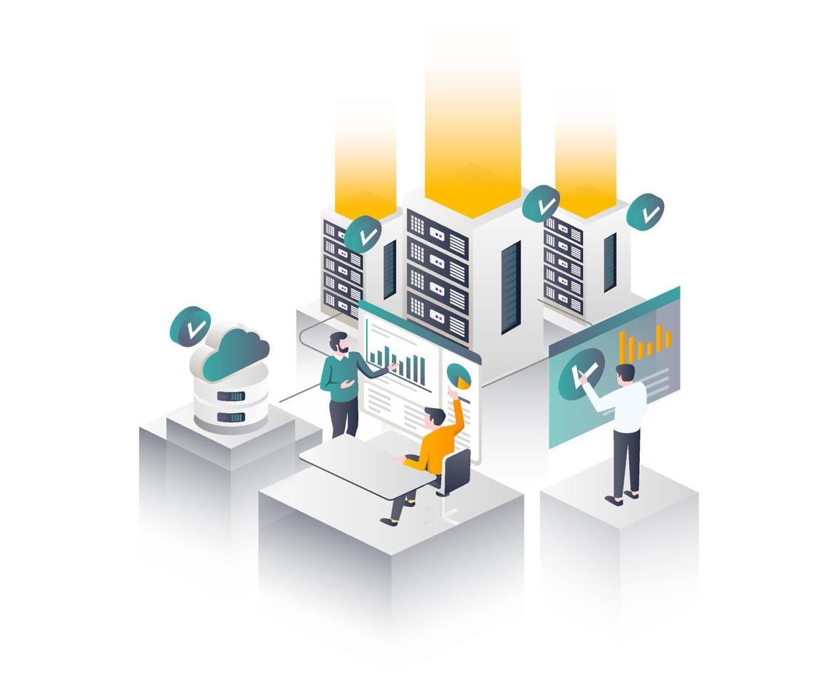 flat isometric vector illustration  IT Compliance  server and cloud