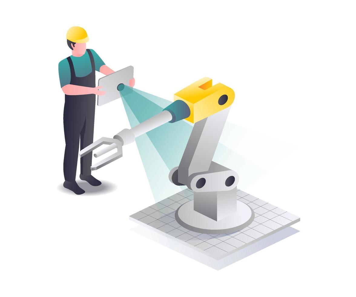 Man controlling machine with ipad vector