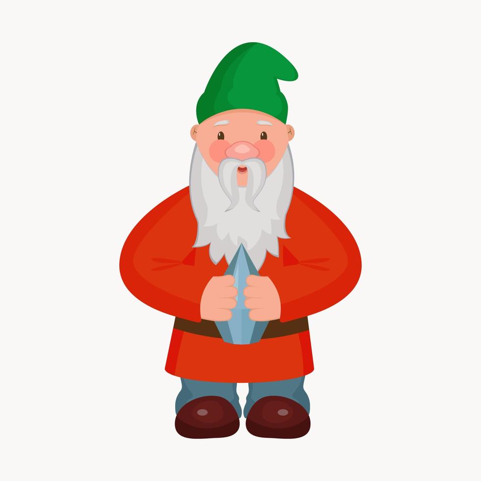 A colorful happy hobbit garden gnome in a green hat holds a diamond in his hands. A fabulous character in a flat style vector