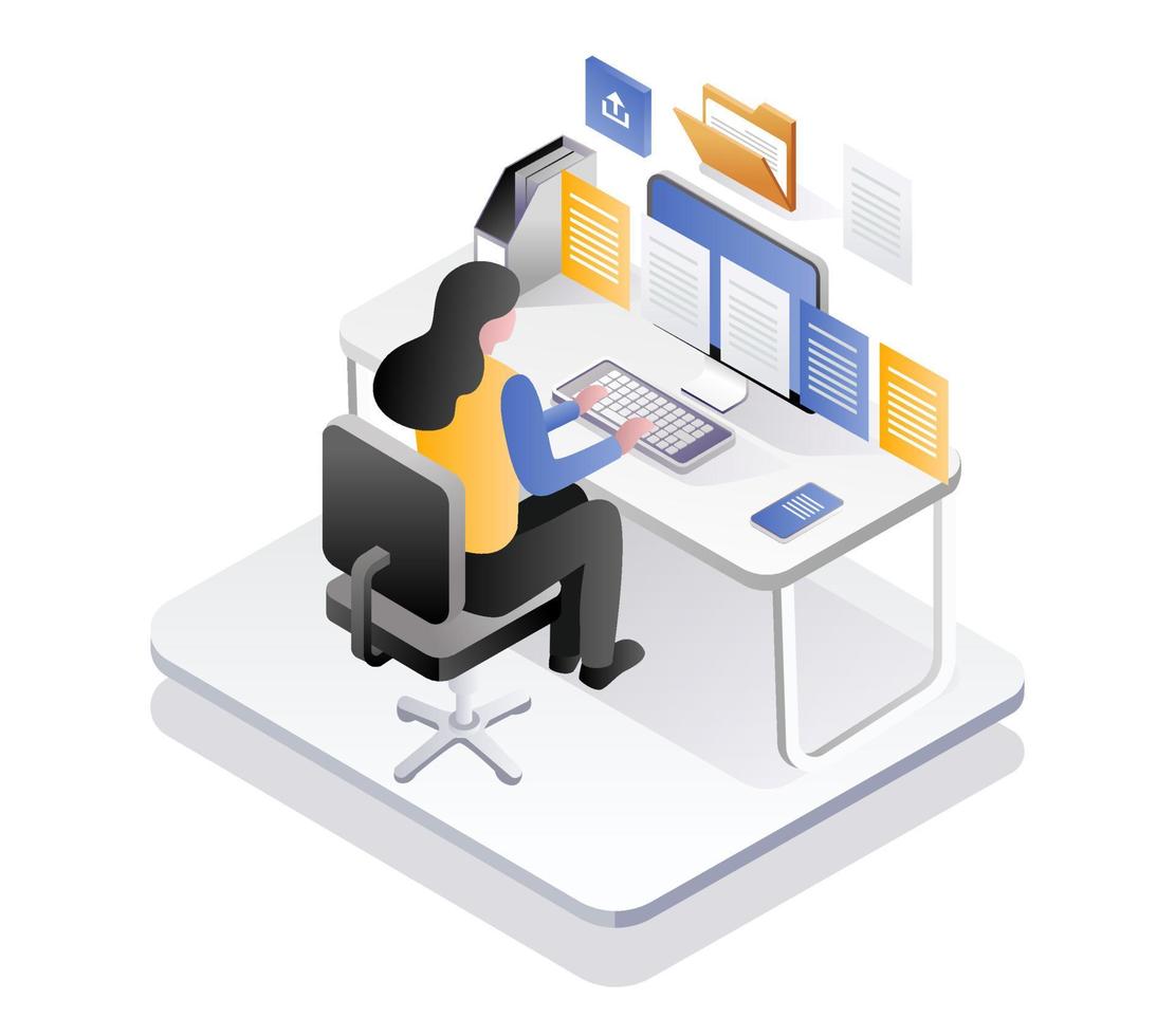 Woman working at computer desk with lots of information data vector