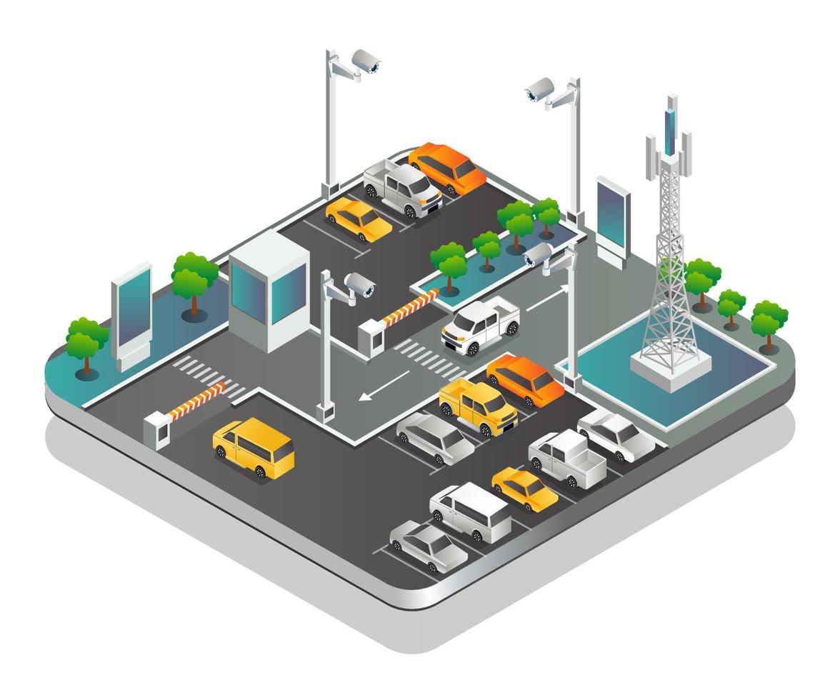 estacionamiento y circuito cerrado de televisión con torre de comunicación vector