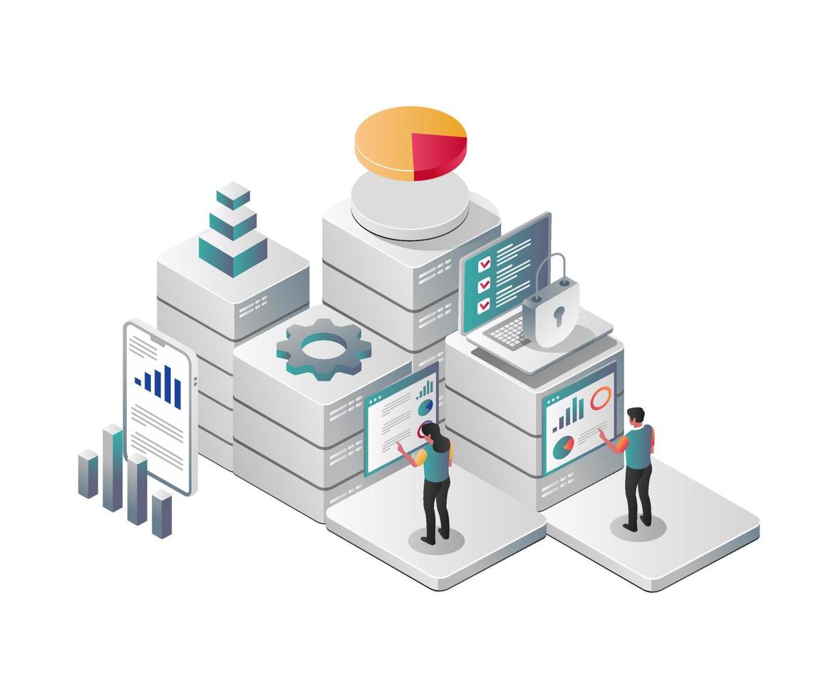 concepto de ilustración isométrica. plataforma de aplicaciones y seguridad del analista de datos vector