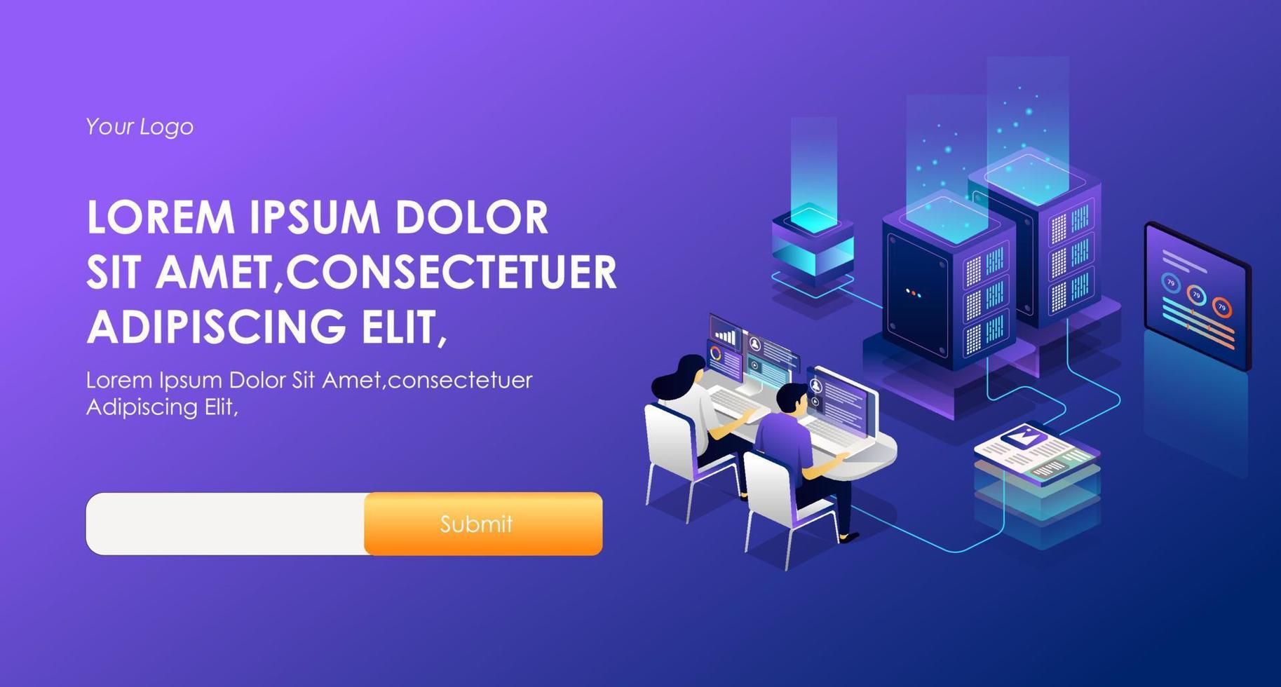 the concept of isometric security hosting illustration and works in the server room vector