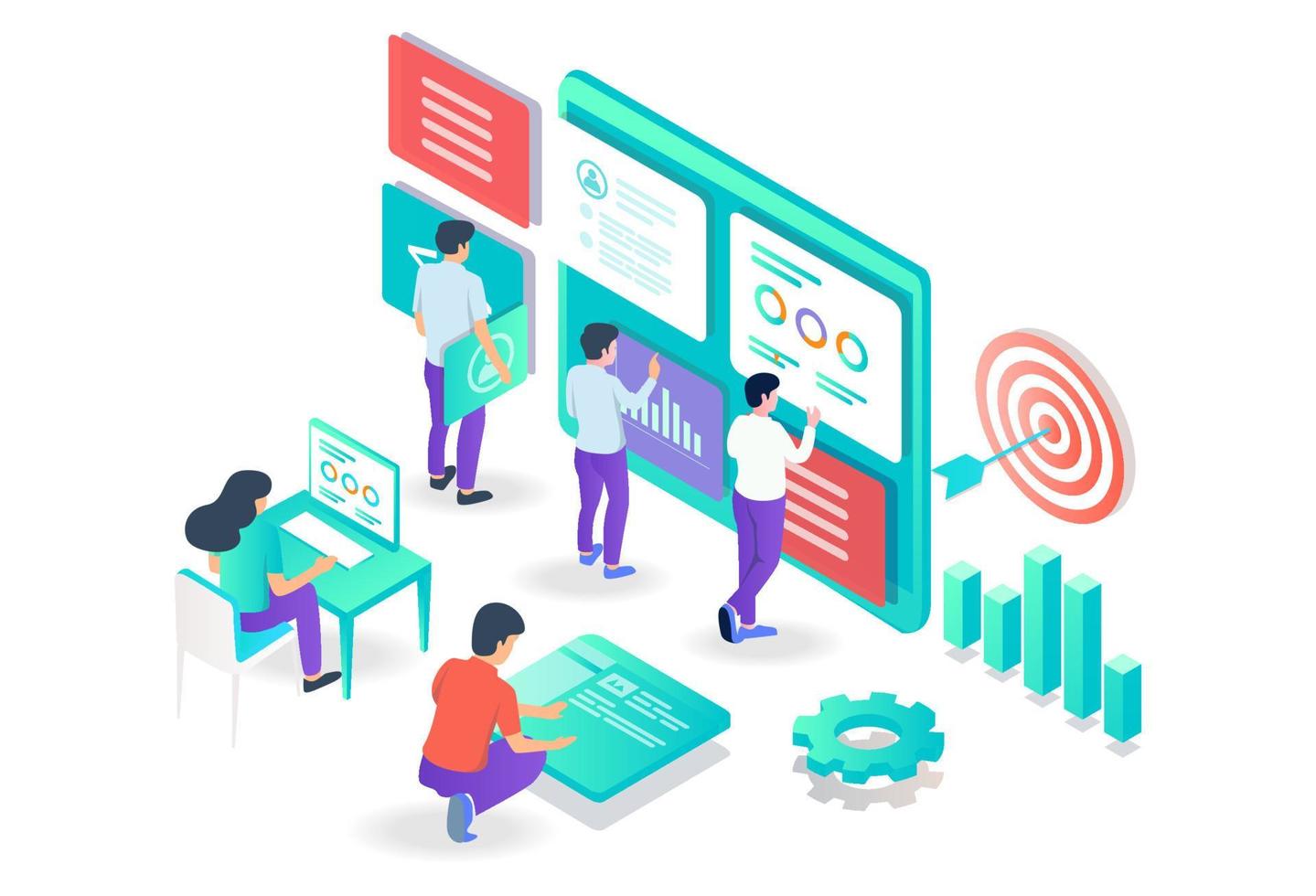 the concept of isometric flat illustration seo optimization and analyst data vector