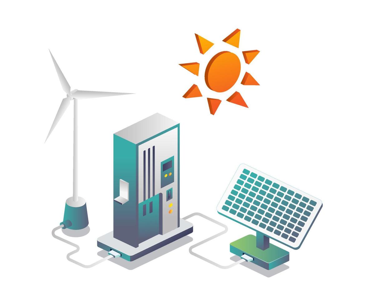 Saving energy from solar panels and windmills vector